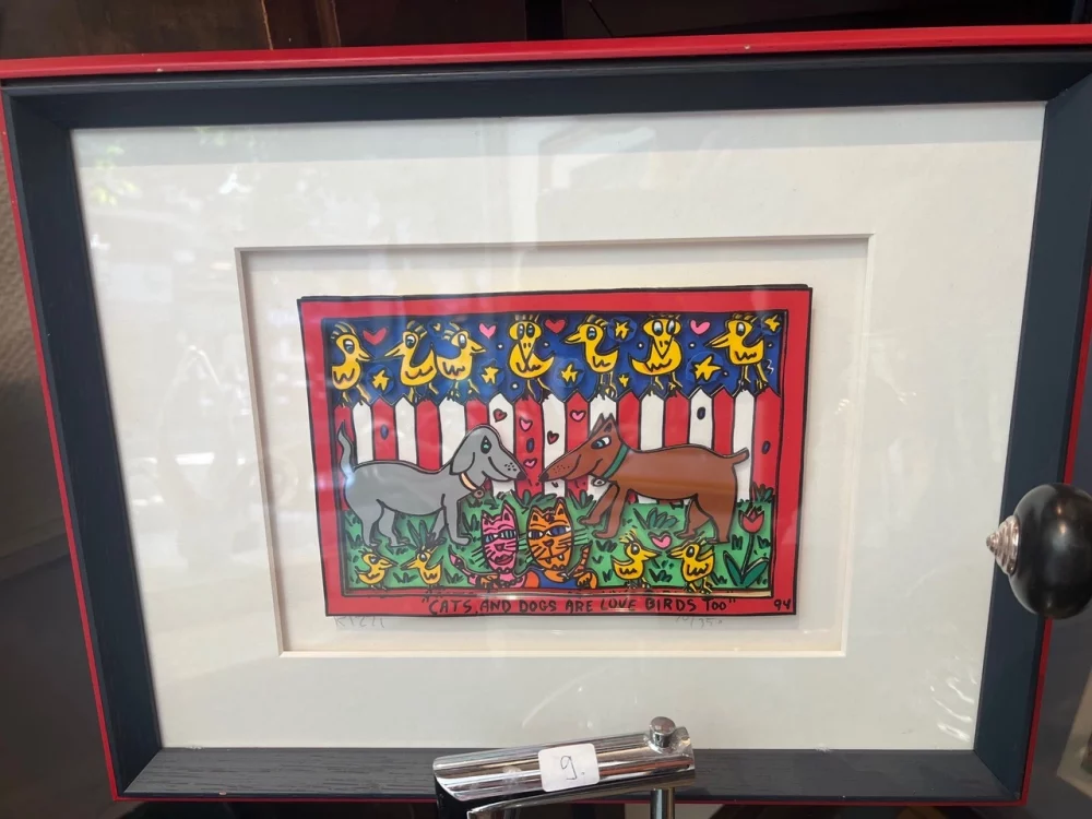 James Rizzi, 3-D Arbeit aus dem Jahr 1994, 35x45cm, „Cats and Dogs are Love Birds too“, aufwendig gerahmt, exzellenter Sammlerzustand