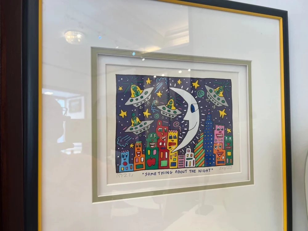 James Rizzi, 2-D Arbeit aus dem Jahr 1995, 50x50cm, „Something about the Night“, aufwendig gerahmt, exzellenter Sammlerzustand