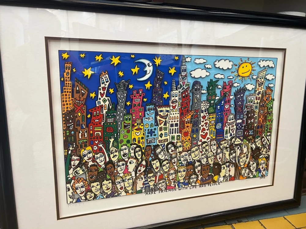 James Rizzi, große 3-D Arbeit aus dem Jahr 1996, 70x100cm, „Make Friends with Live and People“, aufwendig gerahmt, exzellenter Sammlerzustand